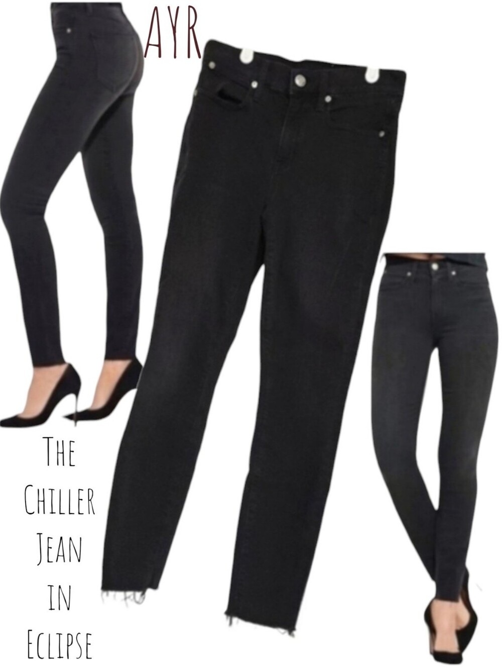 AYR Women The Chiller Jean in Eclipse lightweight stretch Frayed Black Denim 26